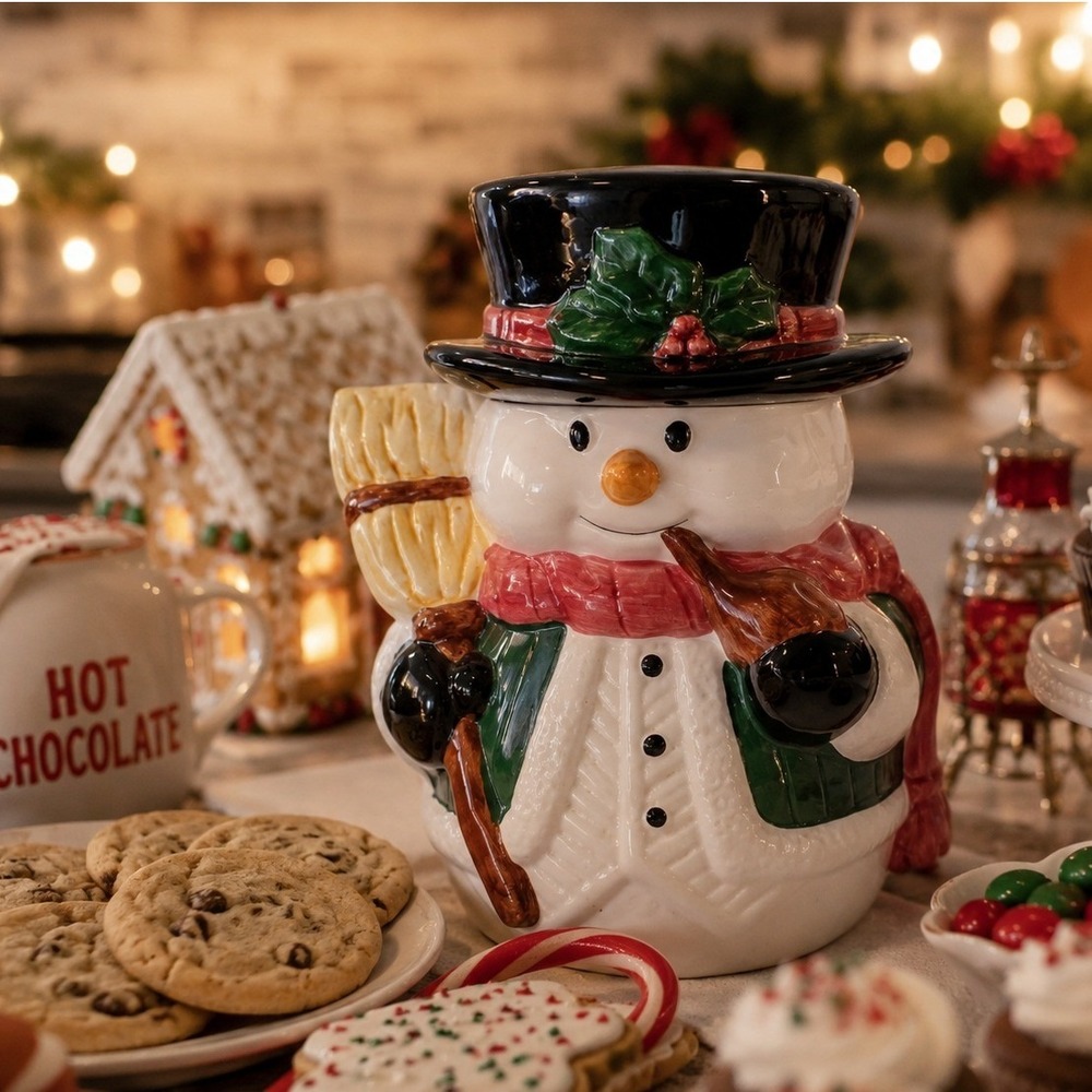 Vintage Ceramic Snowman Cookie Jar Christmas Kitchen Decor Holiday Candy Jar
